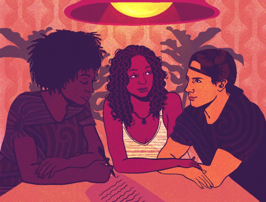 Three people plan together at a table, organizing for abortion funds and Reproductive Justice.