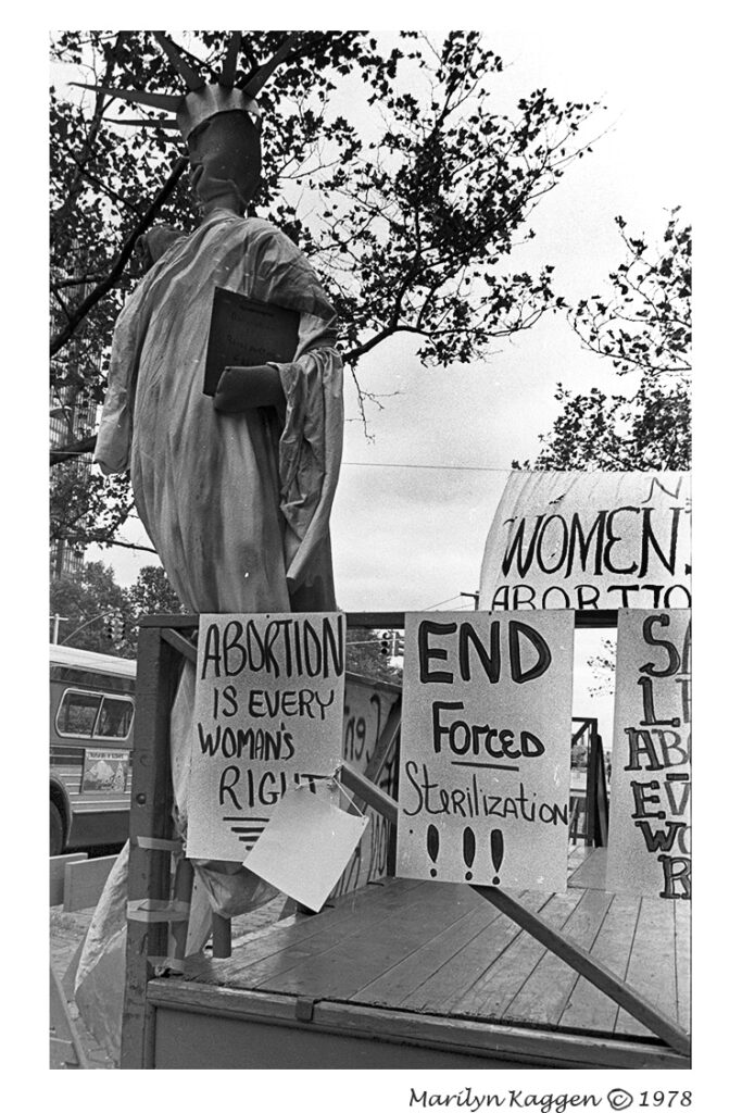 Protest signs against the Hyde Amendment call for abortion rights and an end to forced sterilization, with a Statue of Liberty figure in the background.