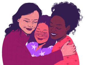 Three people share a warm group hug, reflecting care and solidarity from abortion funds.